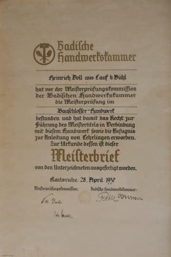 Meisterbrief Heinrich Doll